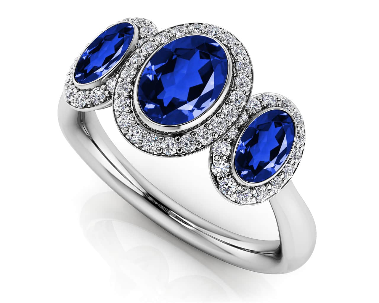 Three Stone Oval Gemstone Anniversary Ring In White Gold Yellow Gold And Platinum